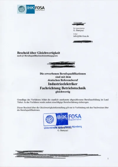 Elektrikçi Mesleki Denklik Belgesi .