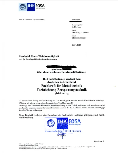 Metal Teknolojisi alanı denklik belgesi